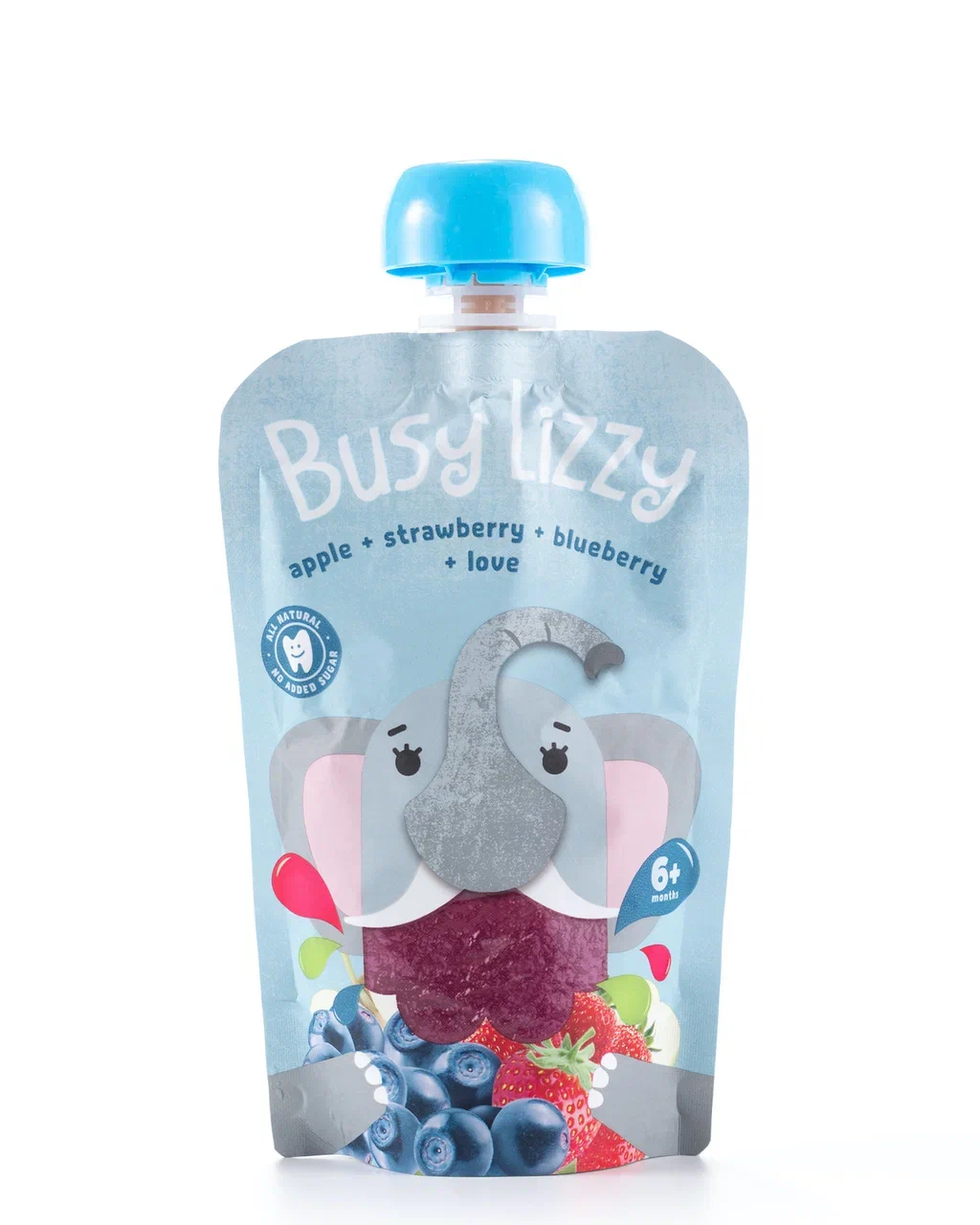 Пюре фруктовое с 6 месяцев из яблок, клубники и черники Busy Lizzy, 100г пауч