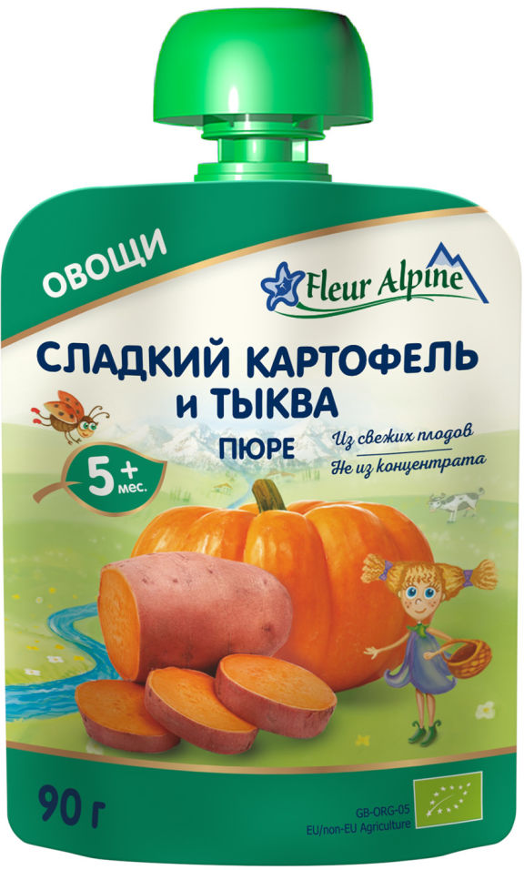 

Пюре Fleur Alpine Сладкий Картофель и Тыква с 5 месяцев 90г, 1 шт., Сладкий Картофель и Тыква пауч