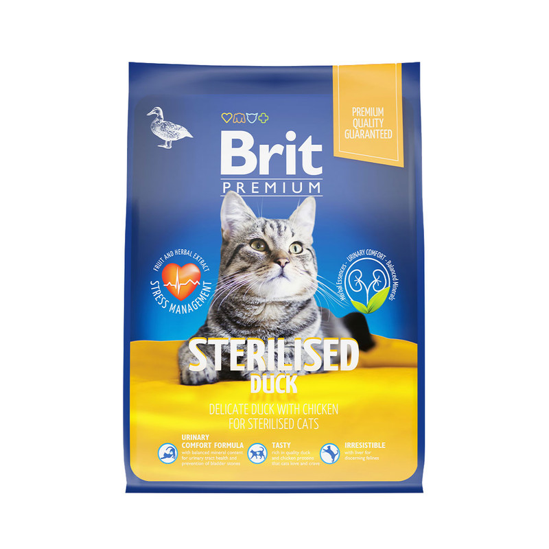 Корм сухой Brit Premium для взрослых стерилизованных кошек, с уткой и курицей, 2 кг