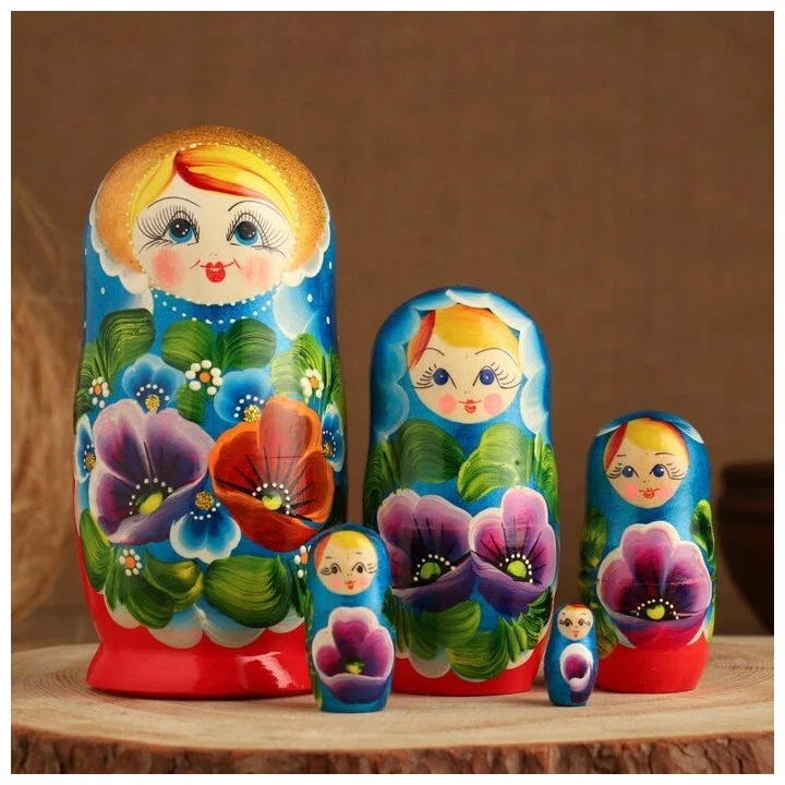 

Матрешка "Цветы", 5 кукольная, сине-красная, 9095921
