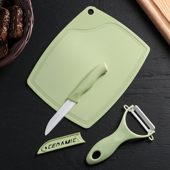 

Набор «Керамик», 3 предмета: нож 16 см, овощечистка 12 см, доска 19,5x15,5 см, цвет МИКС