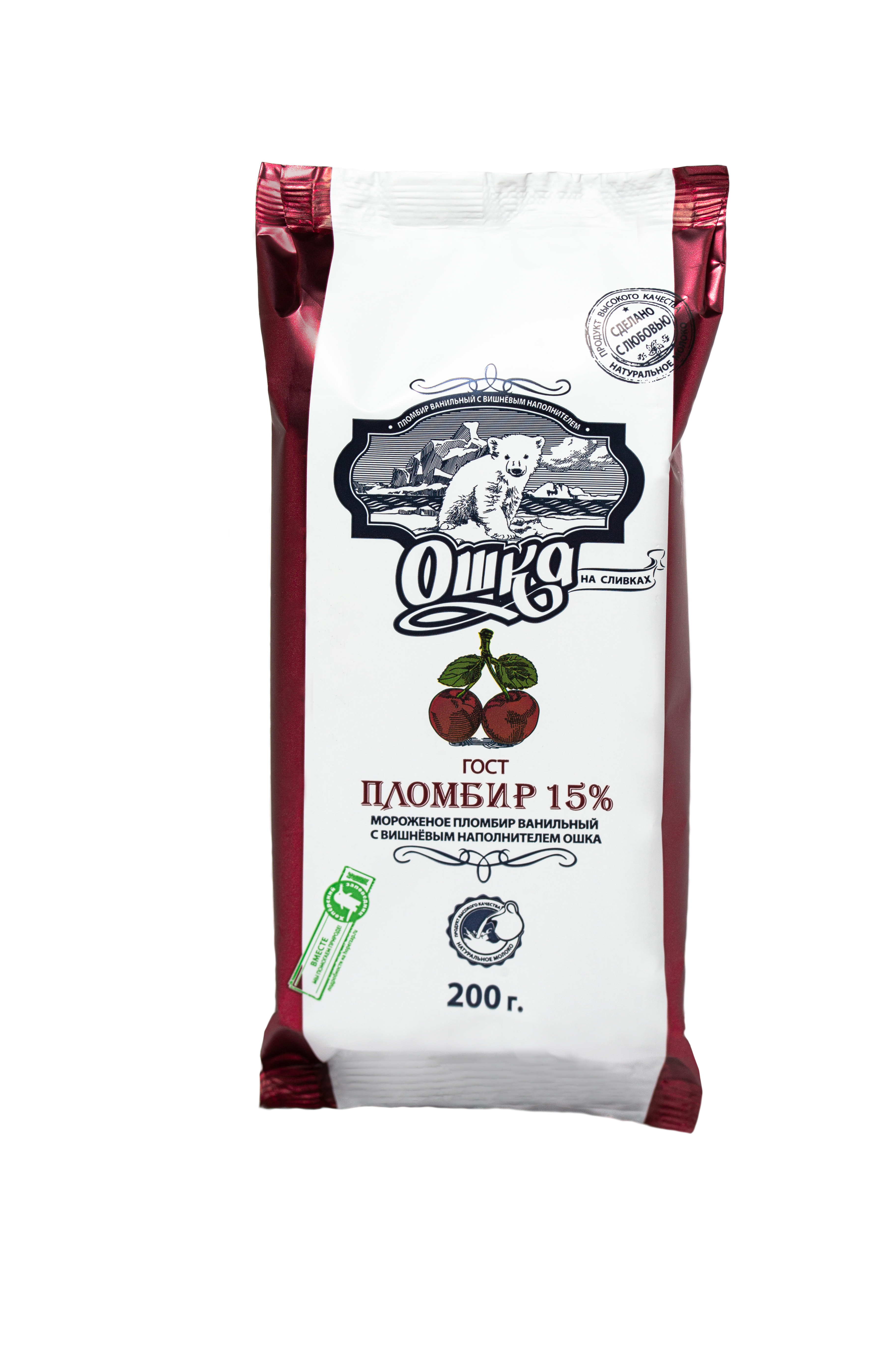 

Мороженое Ошка пломбир, на сливках, ванильный, 15%, с вишнёвым наполнителем, 200 г