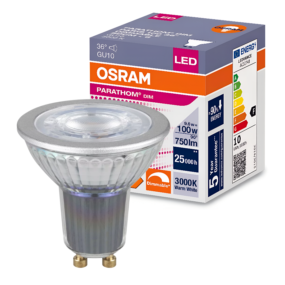 

Лампочка диммируемая светодиодная OSRAM Parathom PAR16, 750лм, 9,6Вт, 3000К теплый свет