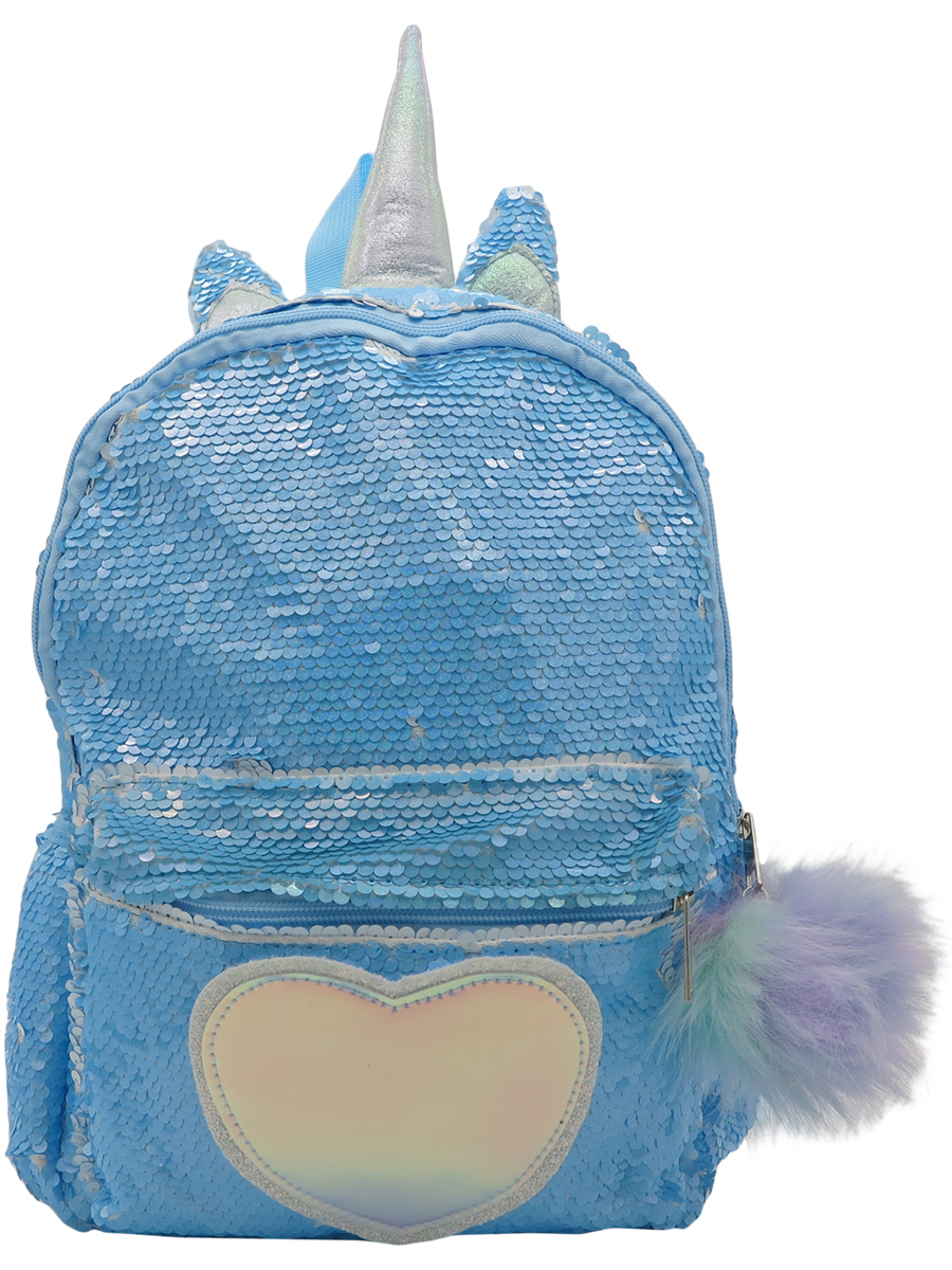 Рюкзак детский МихиМихи с пайетками Единорог с сердцем Bright Dreams голубой с помпоном