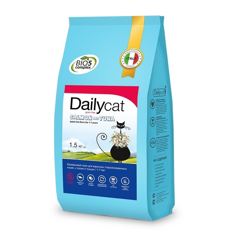 

Сухой корм для кошек Dailycat Grain Free Adult Steri lite, лосось, тунец, 1.5кг, Grain Free Adult Steri lite