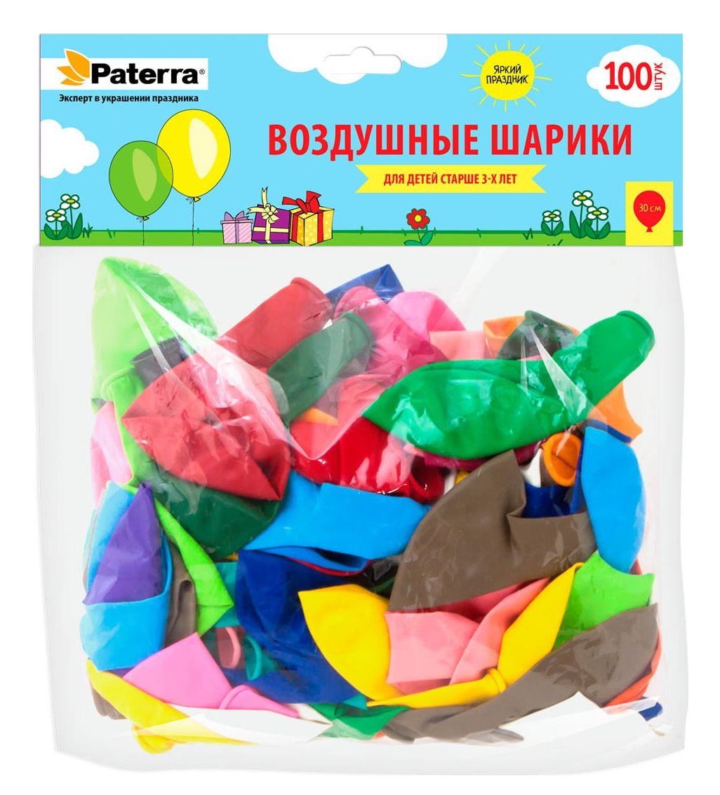 Воздушные шарики Paterra, 30 см, разноцветные, 100 штук, без рисунка