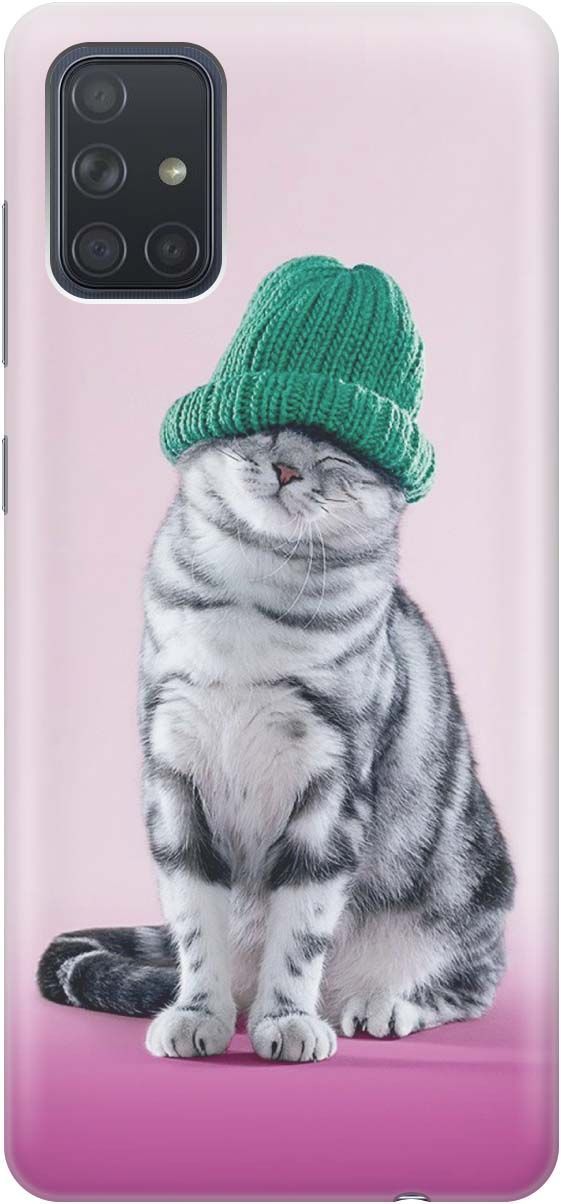 

Силиконовый чехол на Samsung Galaxy A71 с принтом "Кот в зеленой шапке", Розовый;серый, 194