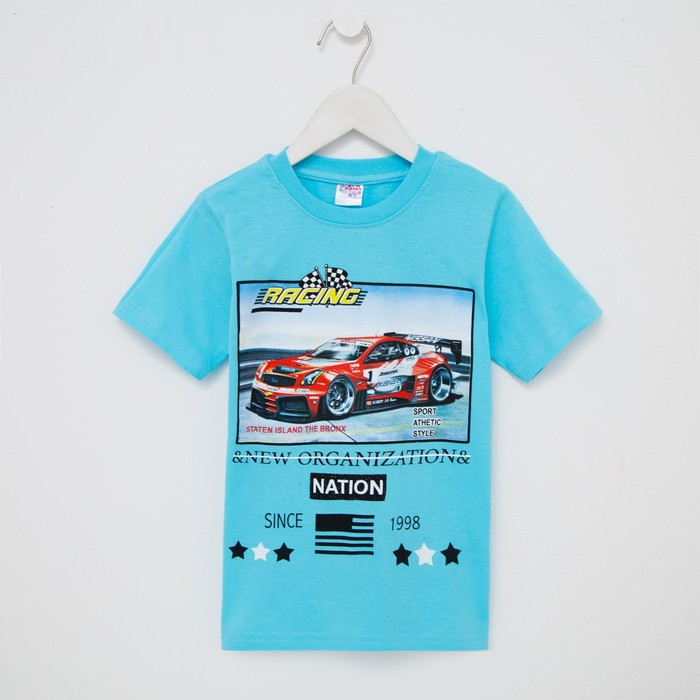 

Футболка для мальчика, цвет голубой/гоночная красная машина, рост 128 см