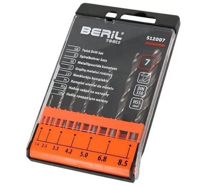 

Набор сверл по металлу BERiL 7 шт. 1,6-8,5 мм пластиковый футляр, vh-38592t