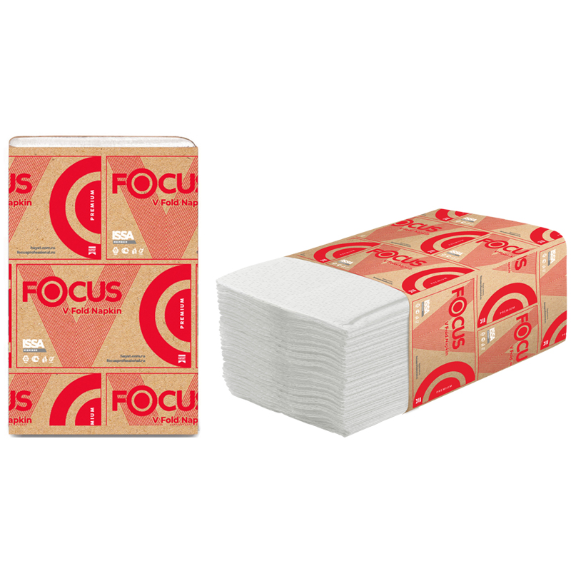 

Салфетки бумажные диспенсерные Focus Premium(N4) (V-сл), 2-слойные, 200л/пач. 16,8*23см, Белый, premium