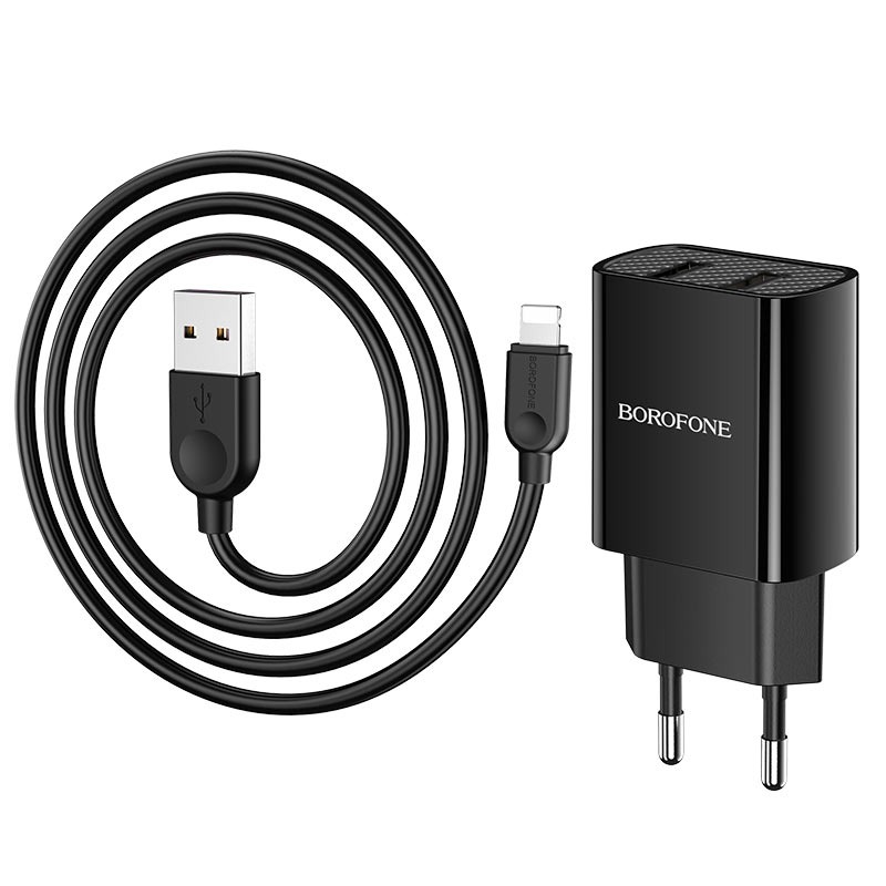 фото Сзу borofone ba53a powerway 2xusb, 2.1а + кабель type-c, 1м (черный)