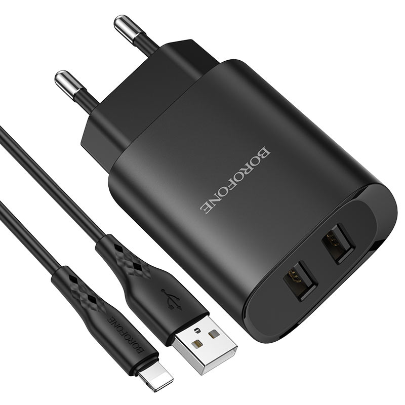 фото Сзу borofone bn2 super fast 2xusb, 2.1а + кабель lightning 8-pin, 1м (черный)