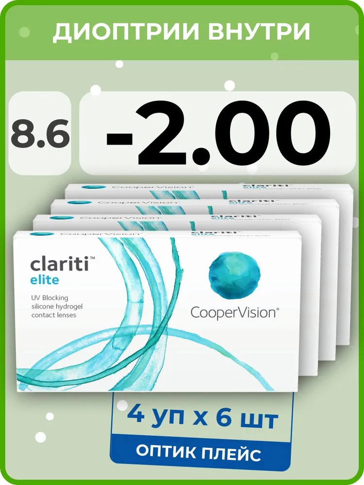 

Контанктые линзы CooperVision Сlariti Elite 4 упаковки по 6 линз, R 8.6 SPH -2.00