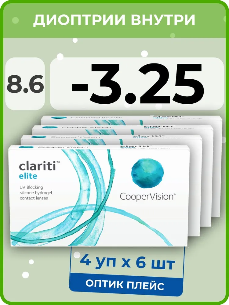 

Контанктые линзы CooperVision Сlariti Elite 4 упаковки по 6 линз, R 8.6 SPH -3.25