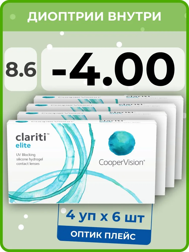 

Контанктые линзы CooperVision Сlariti Elite 4 упаковки по 6 линз, R 8.6 SPH -4.00