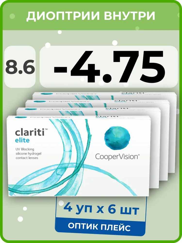 

Контанктые линзы CooperVision Сlariti Elite 4 упаковки по 6 линз, R 8.6 SPH -4.75