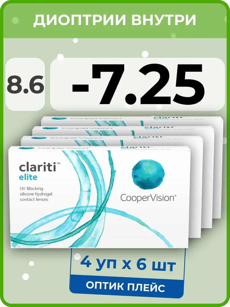 

Контанктые линзы CooperVision Сlariti Elite 4 упаковки по 6 линз, R 8.6 SPH -7.25