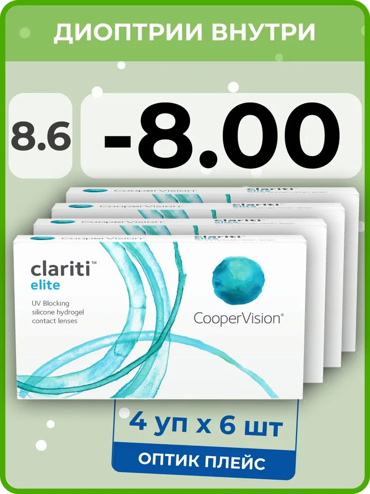 

Контанктые линзы CooperVision Сlariti Elite 4 упаковки по 6 линз, R 8.6 SPH -8.00