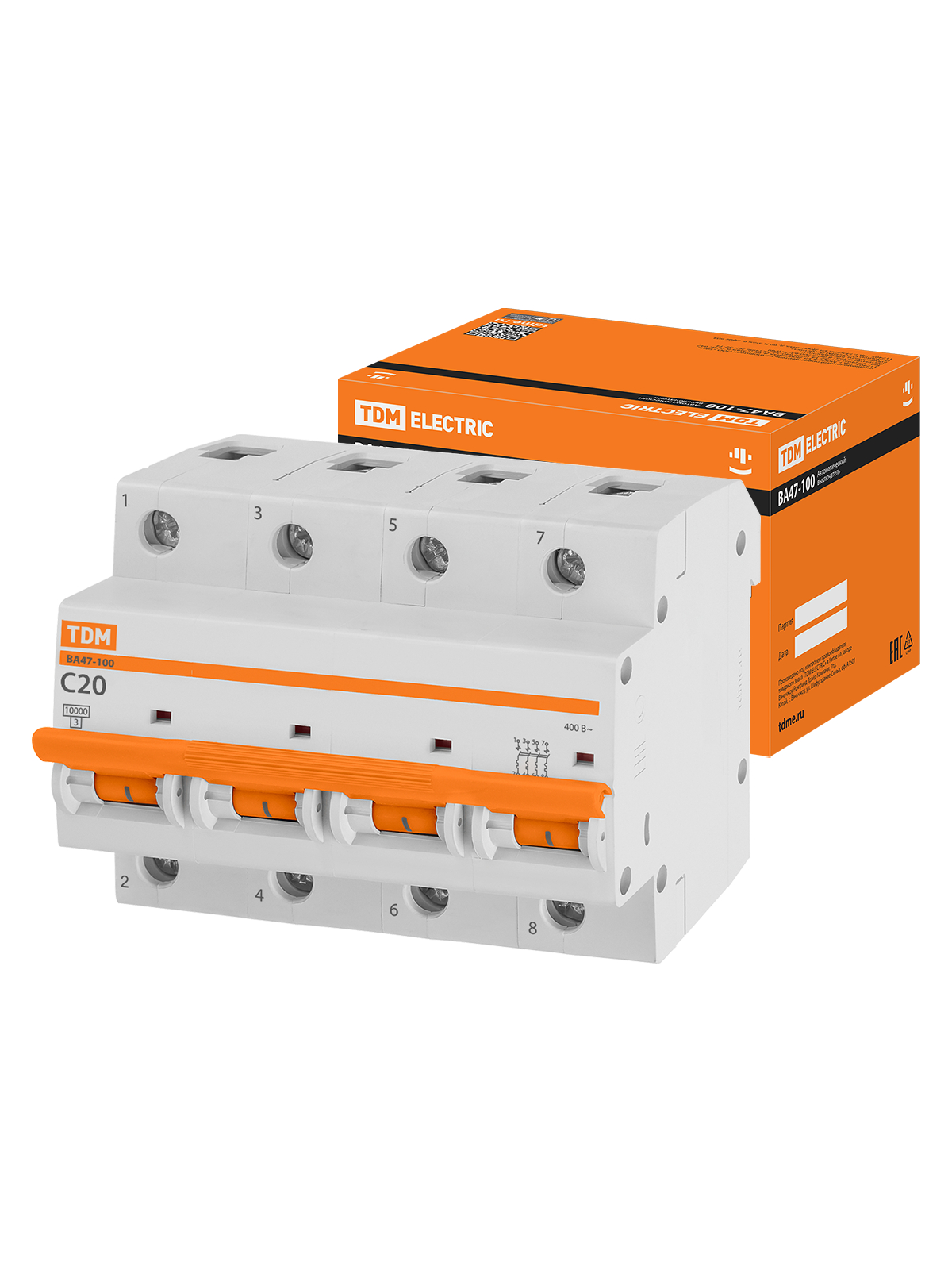 

Автоматический выключатель TDM ELECTRIC ВА47-100 4Р 20А 10кА х-ка С SQ0207-0080, ВА47-100