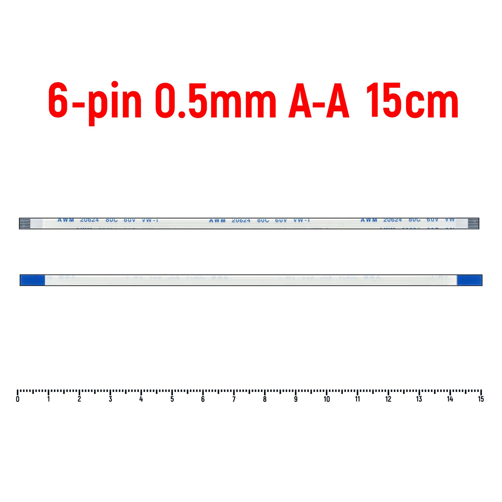 

Шлейф FFC 6-pin Шаг 0.5mm Длина 15cm Прямой A-A AWM 20624 80C 60V VW-1