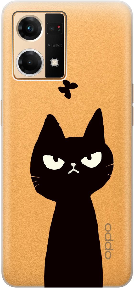

Силиконовый чехол на OPPO Reno7 с 3D принтом "Disgruntled Cat" прозрачный, Прозрачный;черный, 157884