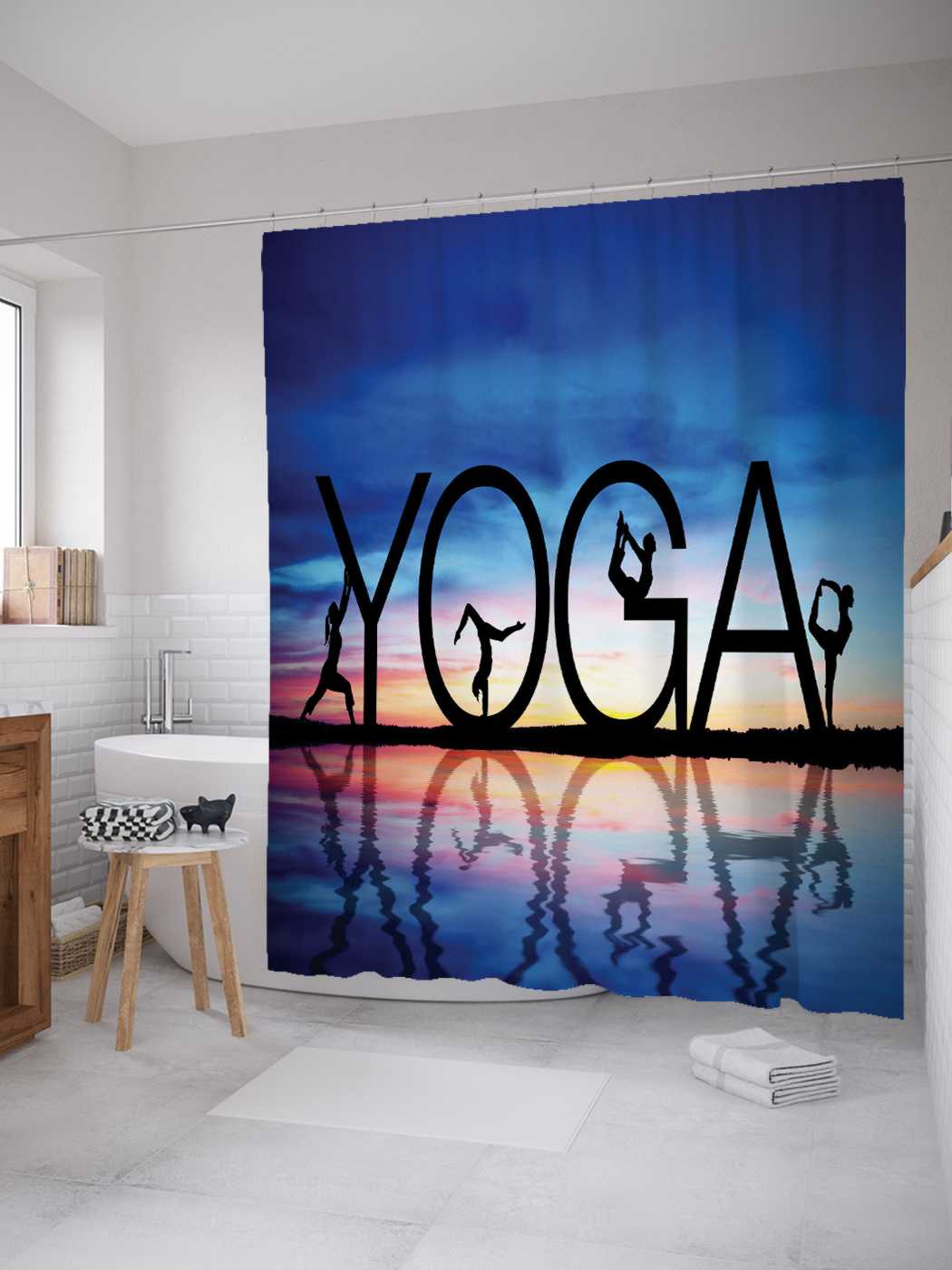фото Штора для ванной joyarty "йога на рассвете" из сатена, 180х200 см с крючками