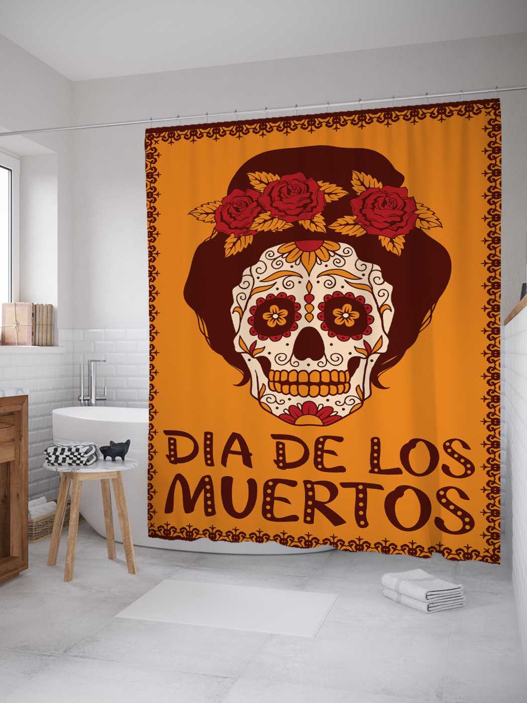 

Штора для ванной JoyArty "День мертвых" из сатена, 180х200 см с крючками, Оранжевый