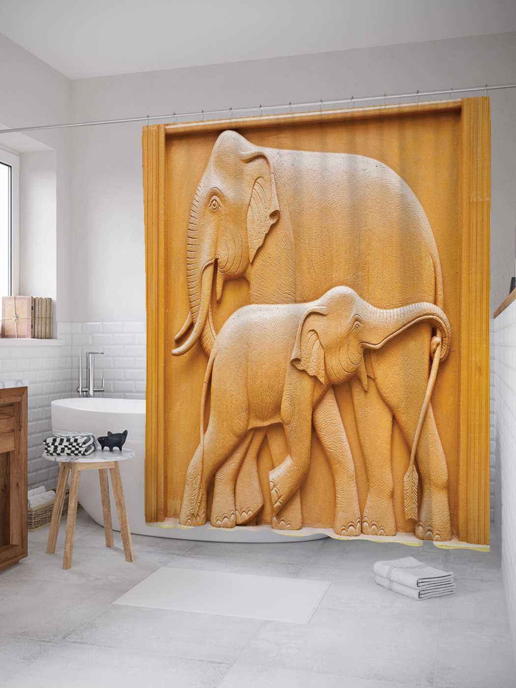 фото Штора для ванной joyarty "слоновая скульптура" из сатена, 180х200 см с крючками