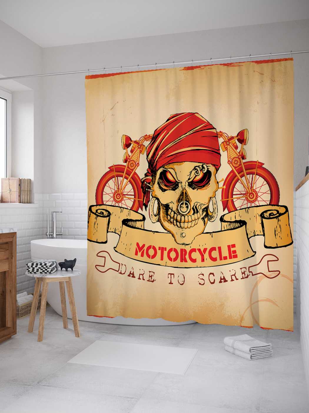 фото Штора для ванной joyarty "пират на мотоцикле" из сатена, 180х200 см с крючками