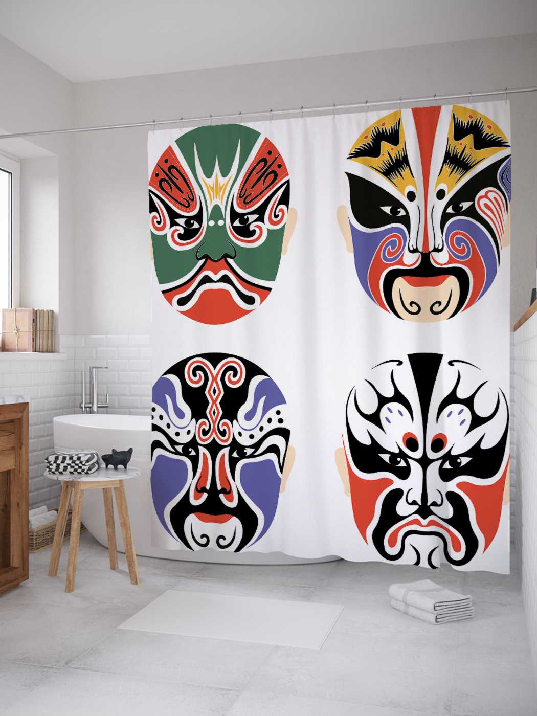 

Штора для ванной JoyArty "Грим японского актера" из сатена, 180х200 см с крючками, Белый