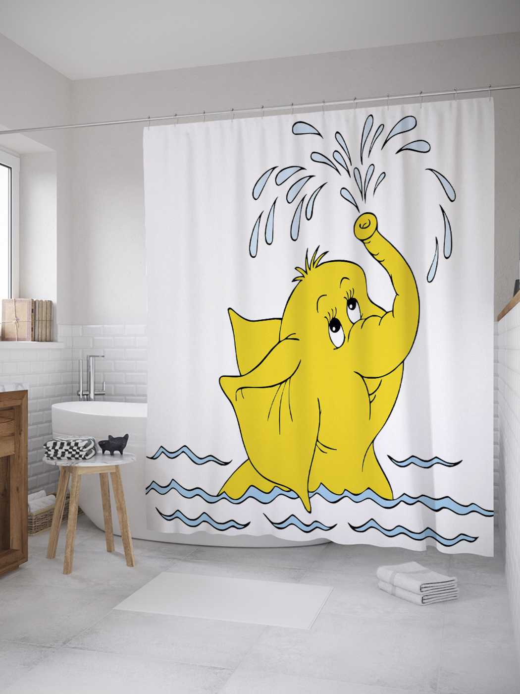 

Штора для ванной JoyArty "Игривый слоник" из сатена, 180х200 см с крючками, Белый