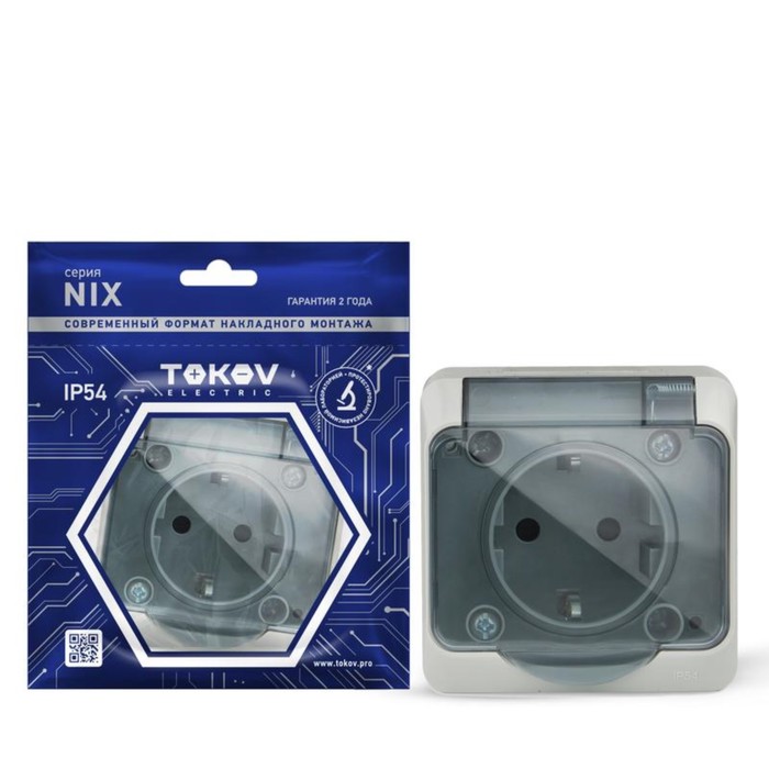 фото Розетка tokov electric, nix, 1-м, 16а, ip54, 250в, с з/к, с прозр. кр, серый