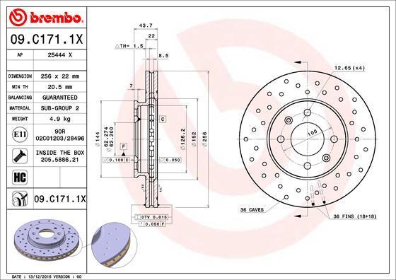 

Диск тормозной BREMBO 09c1711x, Ок