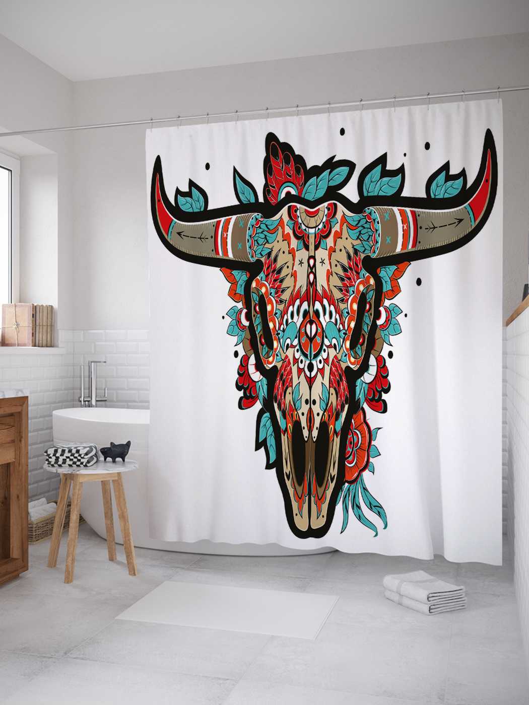 

Штора для ванной JoyArty "Орнаментальный череп буйвола" из сатена, 180х200 см с крючками, Белый