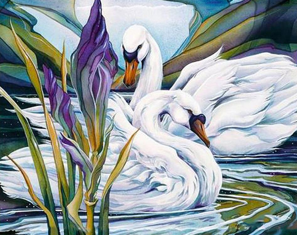 

Алмазная вышивка Гранни Лебеди и ирисы, 38x48 см, Лебеди и ирисы