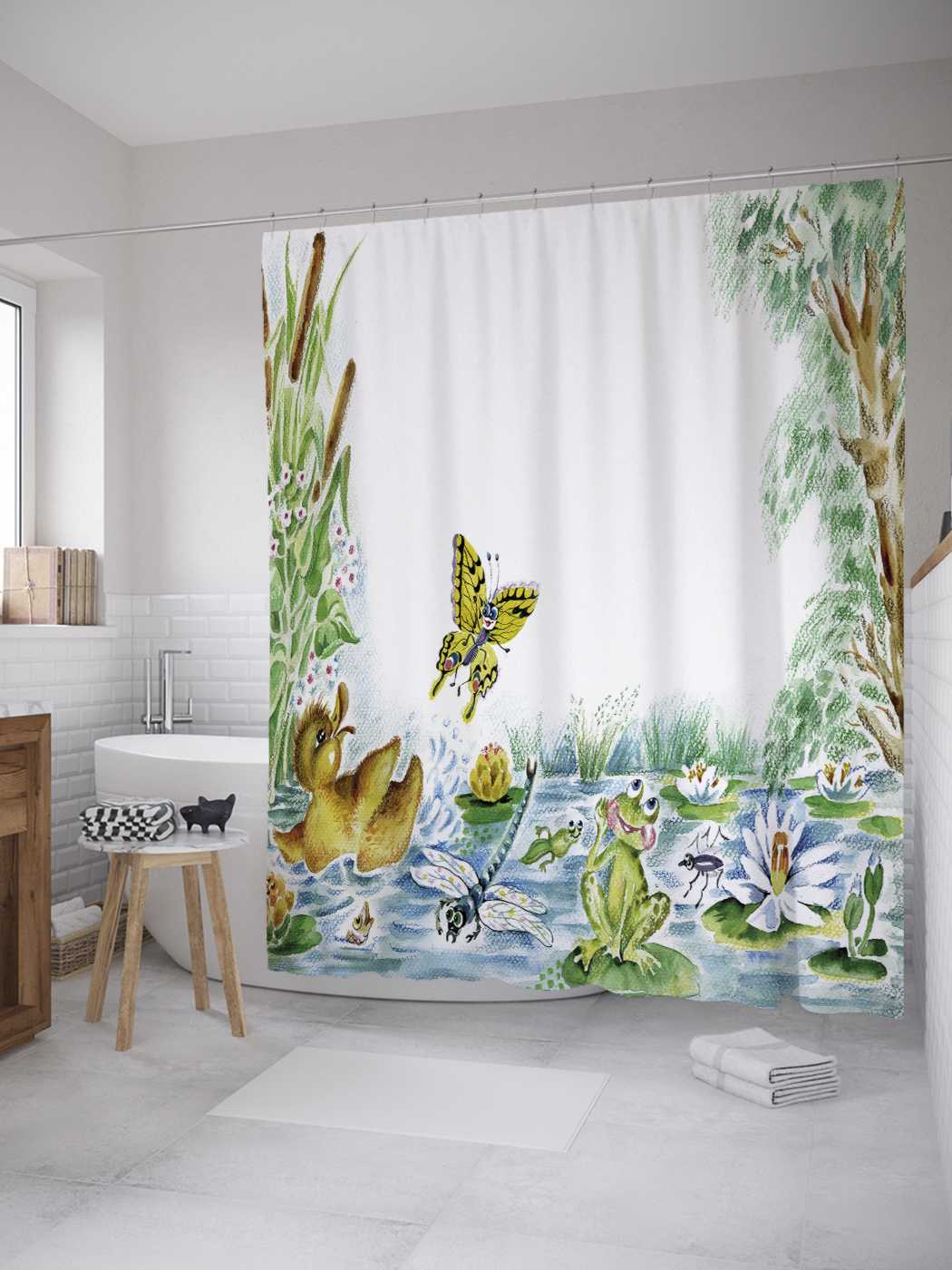 фото Штора для ванной joyarty "рисунок озера и бабочек" из сатена, 180х200 см с крючками