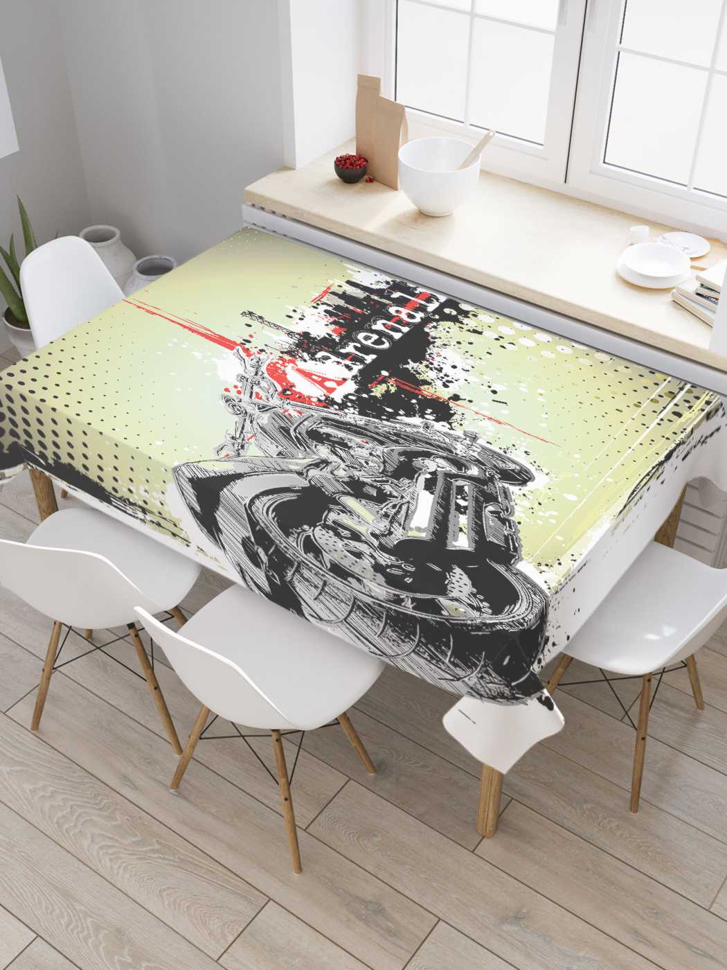 фото Скатерть прямоугольная joyarty "нарисованный мотоцикл" из сатена, 180x145 см