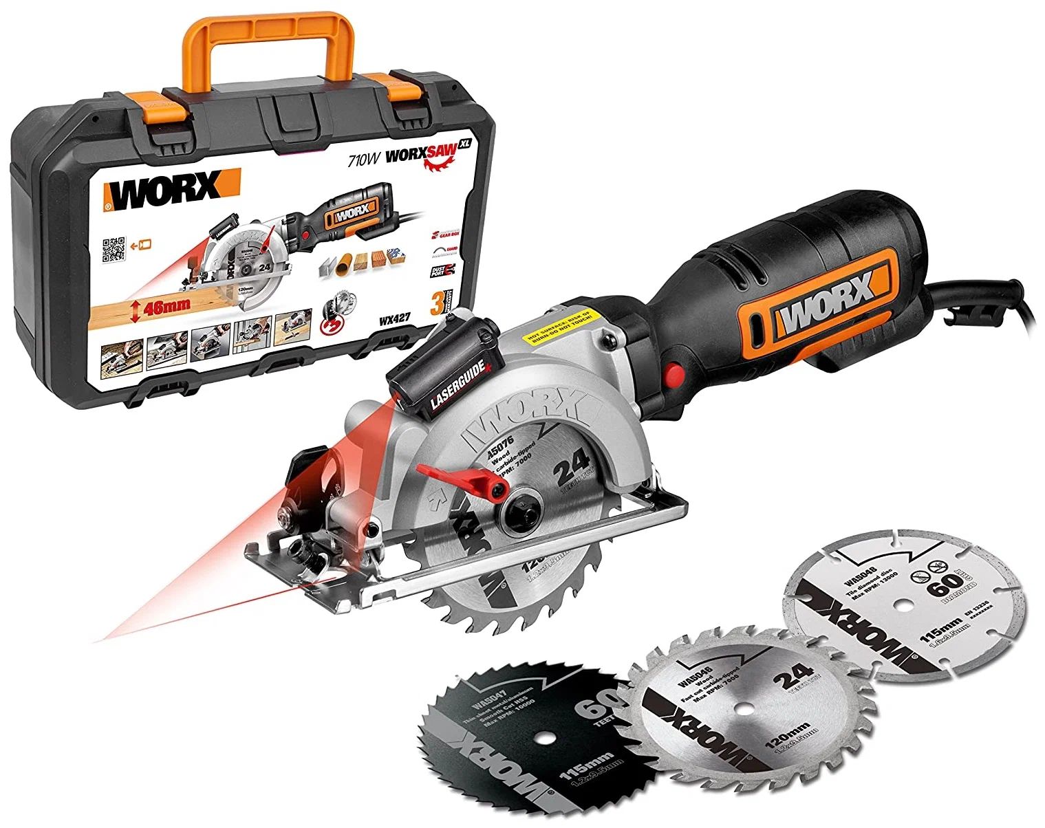 

Дисковая пила WORX WX427, 710 Вт, 120 мм, кейс, Черный