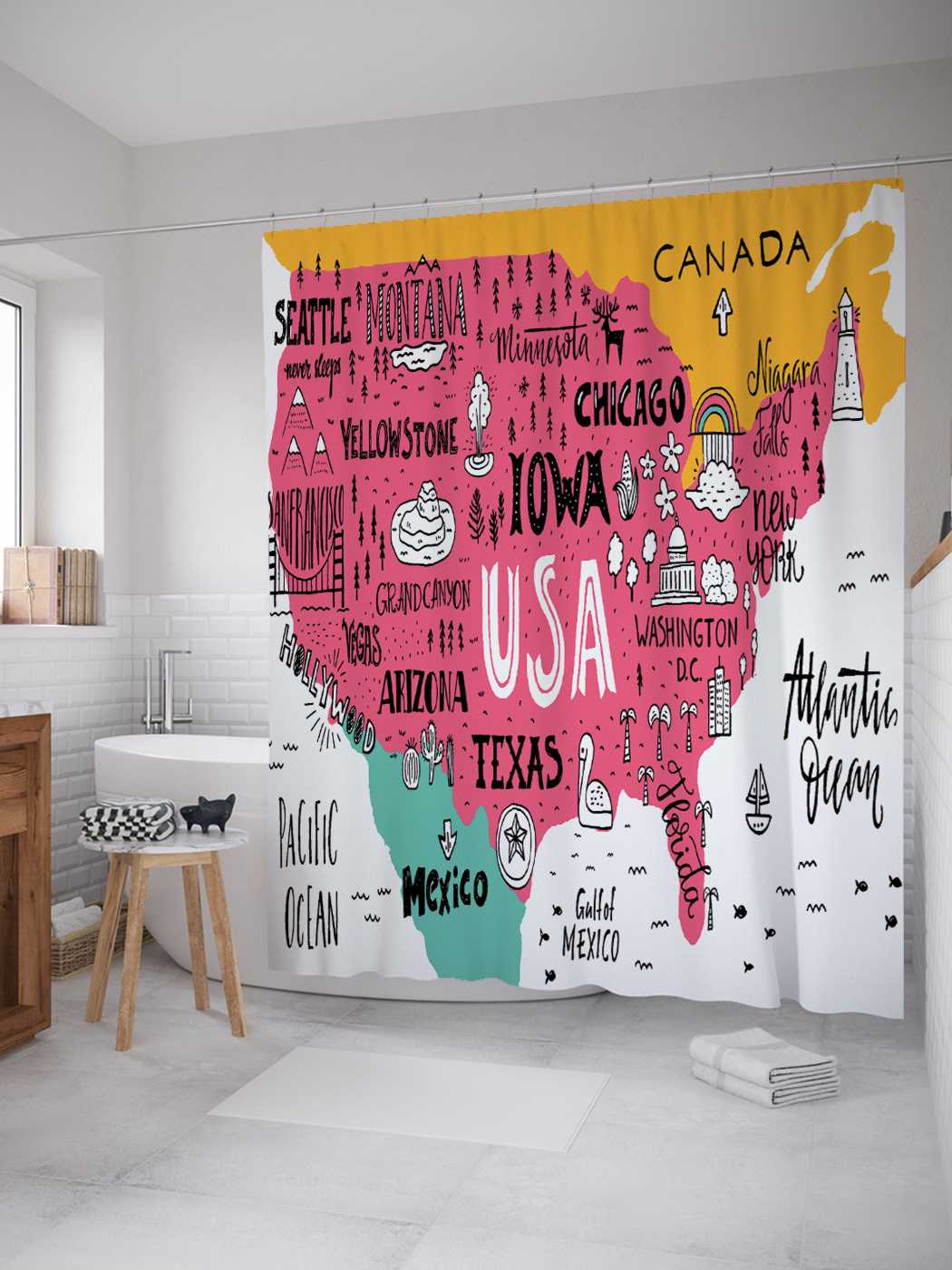 

Штора для ванной JoyArty "Указатели штатов Америки" из сатена, 180х200 см с крючками, Розовый