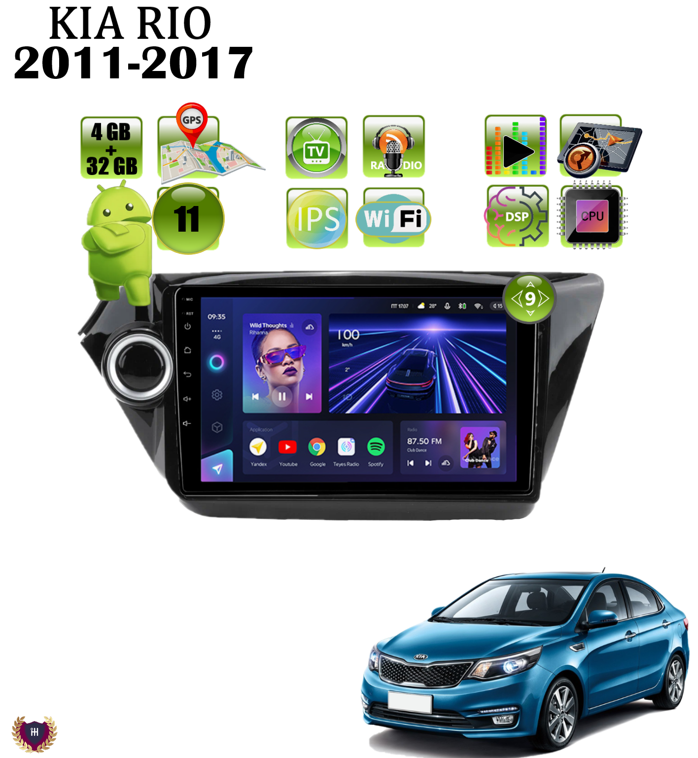 Автомагнитола Podofo для Kia Rio (2011-2017), Android 11, 4/32 Gb, Wi-Fi, GPS, IPS