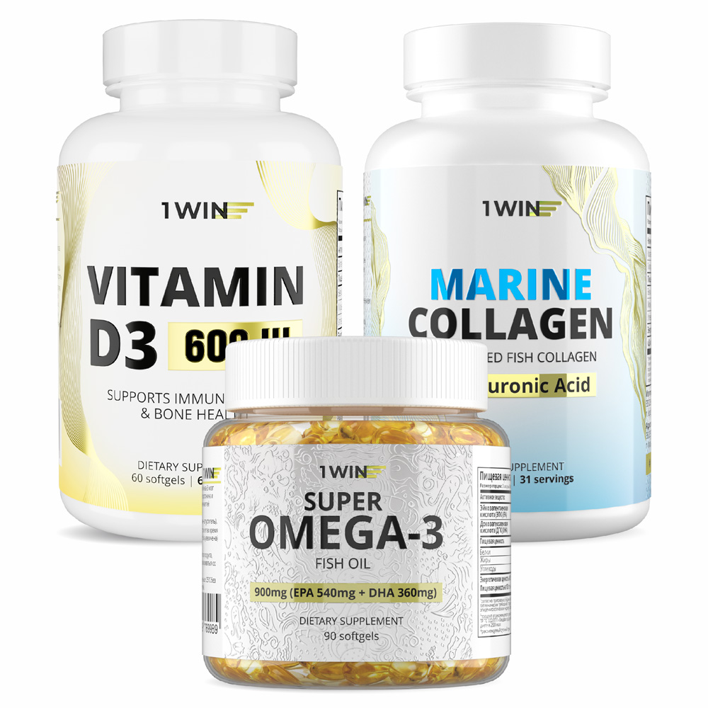 Купить Омега 3 Морской коллаген Витамин D3, Набор витаминов 1WIN омега 3, коллаген морской с гиалуроновой кислотой + витамин D 600 ME