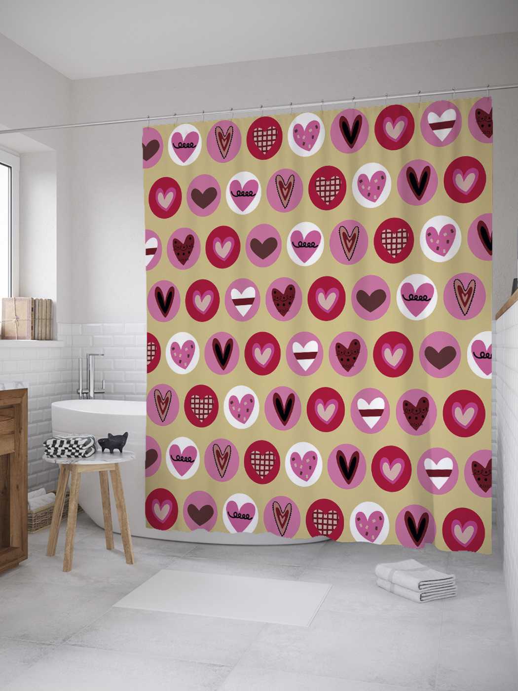 

Штора для ванной JoyArty "Влюбленные наклейки" из сатена, 180х200 см с крючками, Бежевый