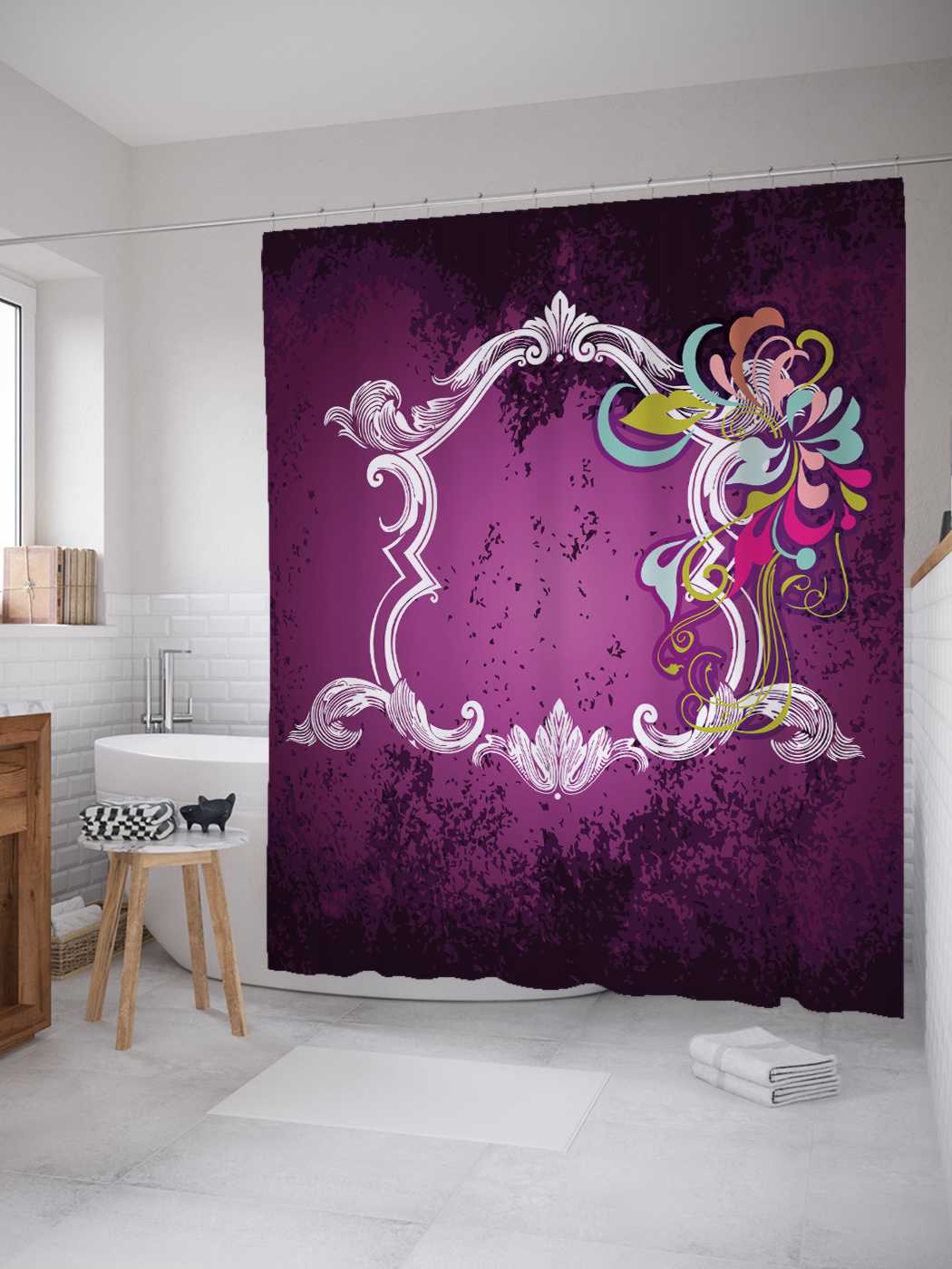 

Штора для ванной JoyArty "Викторианская рамка с радужным цветком" из сатена, 180х200 см, Фиолетовый