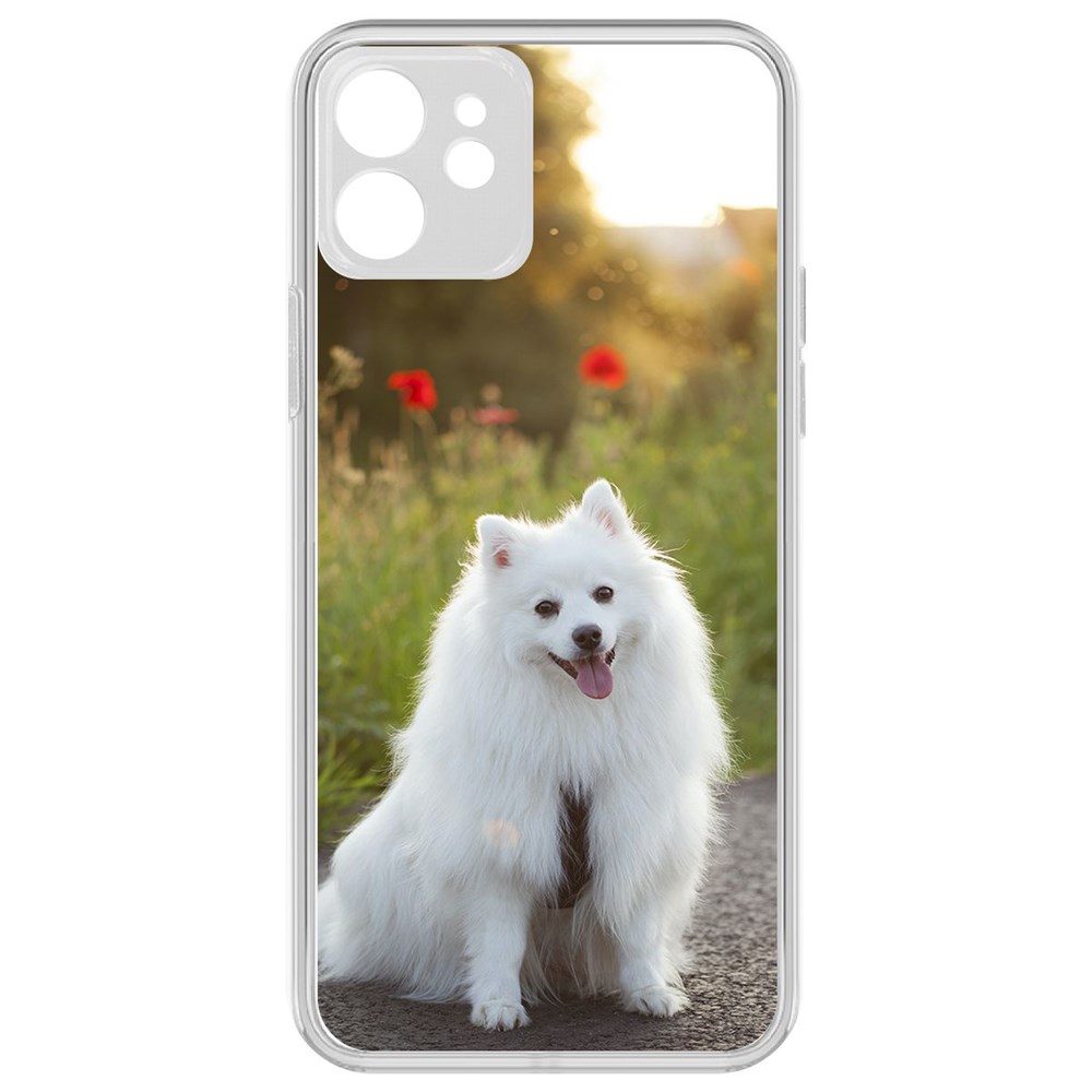 

Чехол-накладка Krutoff Clear Case Белый шпиц для iPhone 12 с защитой камеры, Прозрачный