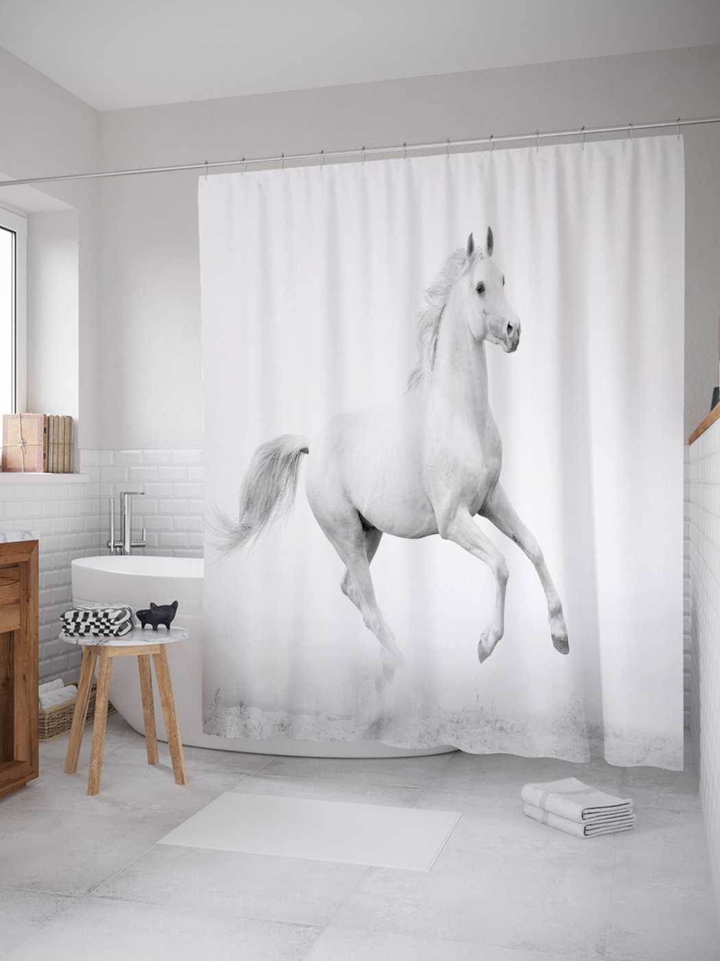 

Штора для ванной JoyArty "Скакун-альбинос" из сатена, 180х200 см с крючками, Серый