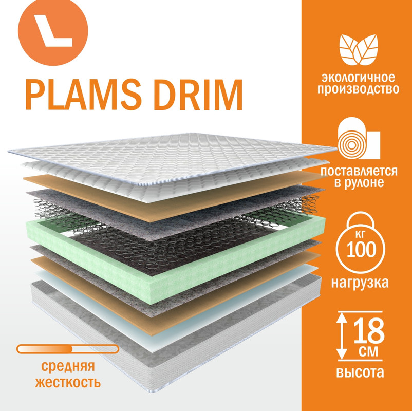 

Матрас пружинный Plams Drim 90х185, Белый, Plams Drim