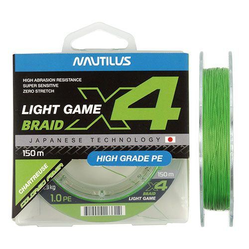 

Шнур Nautilus LIGHT GAME BRAID X4 150м Chartreuse # 0.3 2.2кг, Зеленый, BRAID