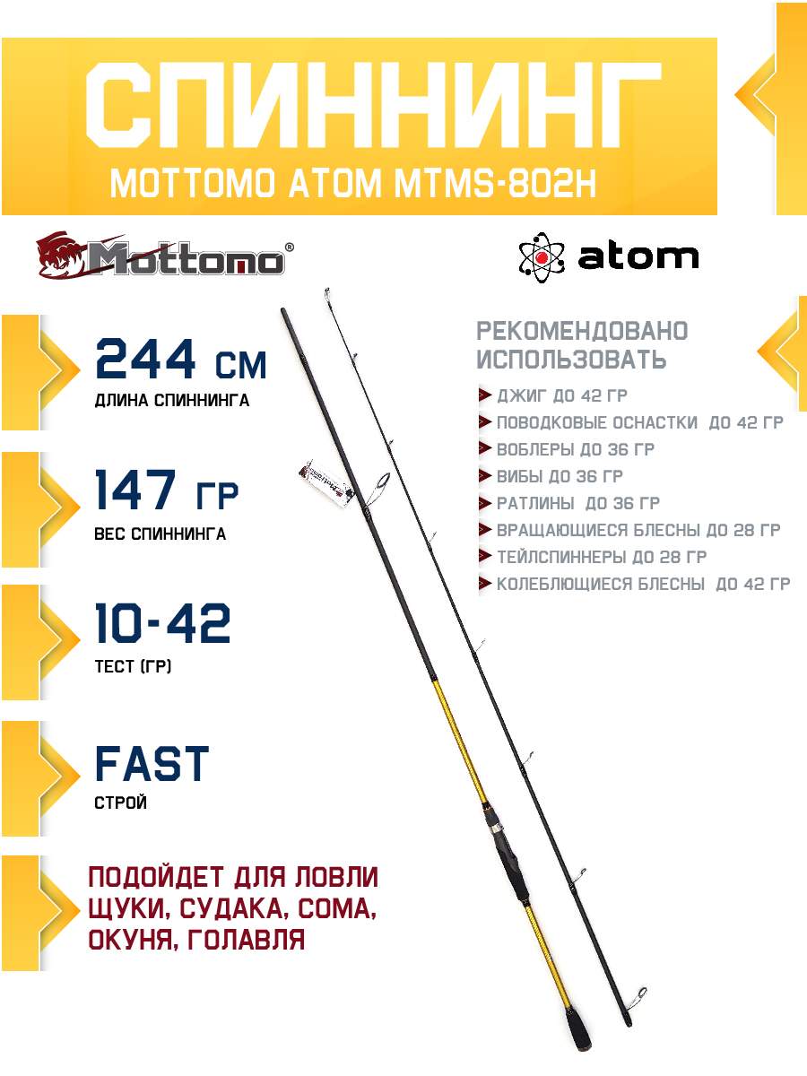 Спиннинг Mottomo Atom MTMS-802H 244см10-42g 3588₽