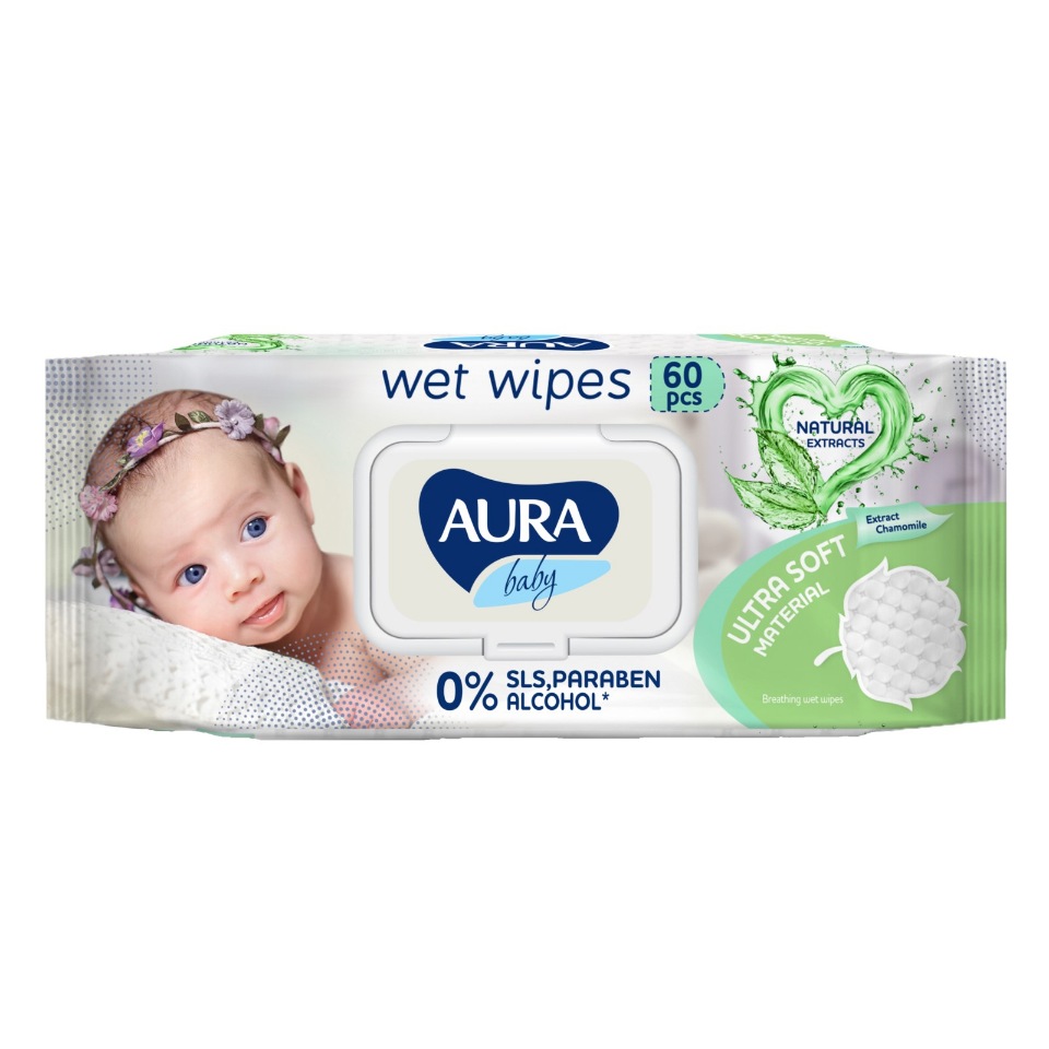 фото Влажные салфетки детские aura baby 0+ с крышкой, 60 шт.