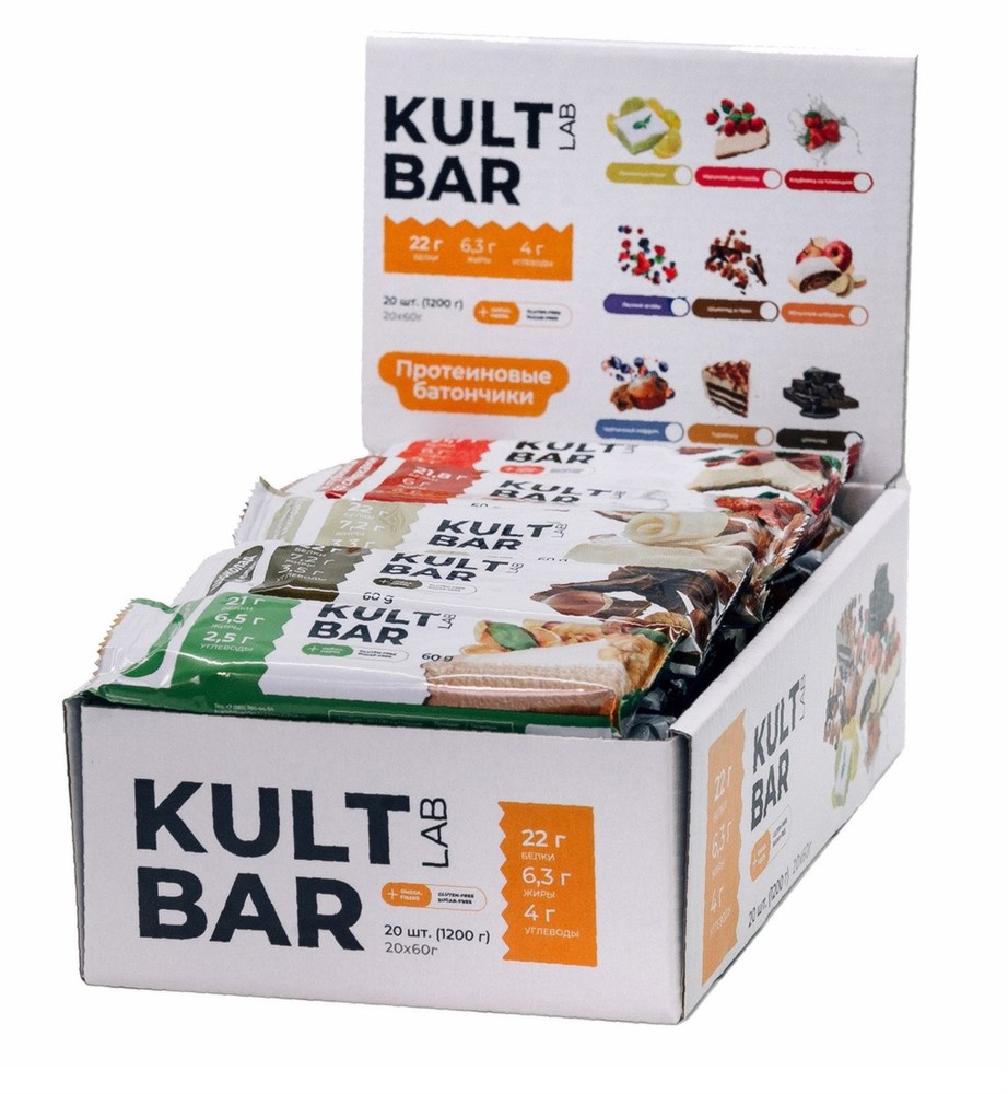 фото Протеиновый батончик kult bar коробка 60г х 20 шоколад kultlab